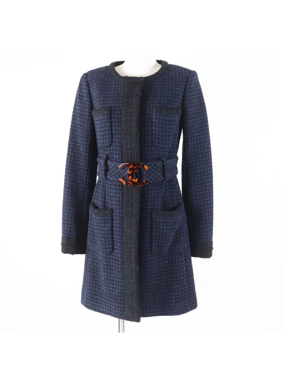 Chanel Paku Wear Big Coco Buckle with Belt Long Coat Black Navy 34